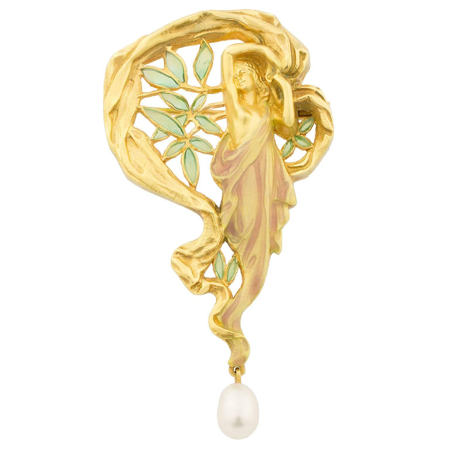 Masriera Enamel Pearl Gold Brooch Pendant