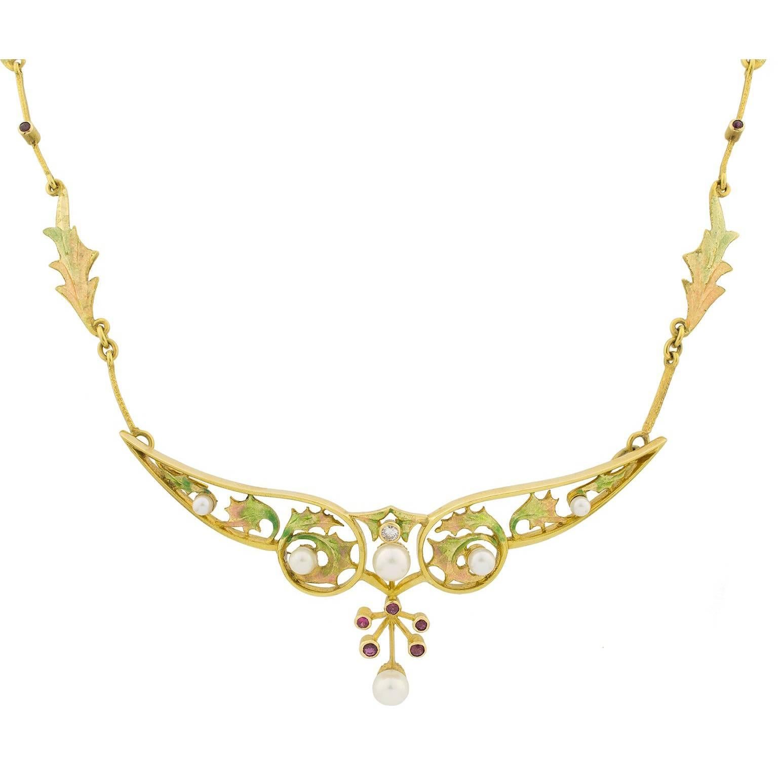 Masriera Rubies Pearls Diamond Gold Necklace
