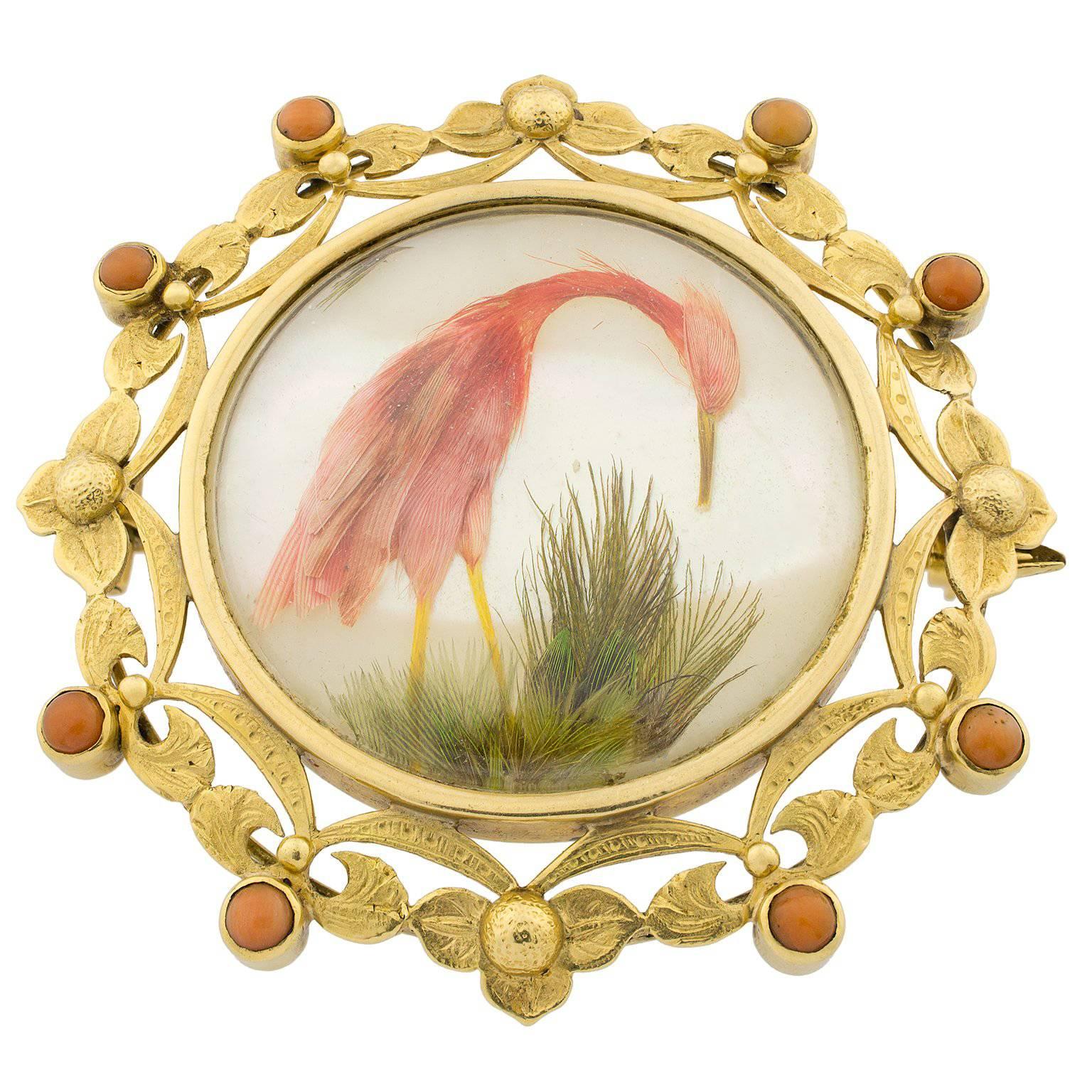 Victorian Coral Mother-of-Pearl 18 Karat Gold and Feathers Brooch For Sale