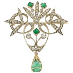 Early 20th Century Emeralds Diamonds Brooch 5