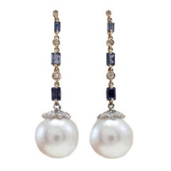 Pearl Sapphire Diamond Gold Dangle Earrings