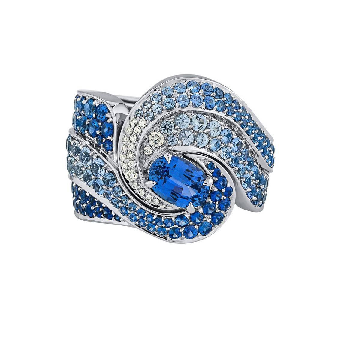 White Gold, White Diamond and Blue Sapphire Cocktail Ring