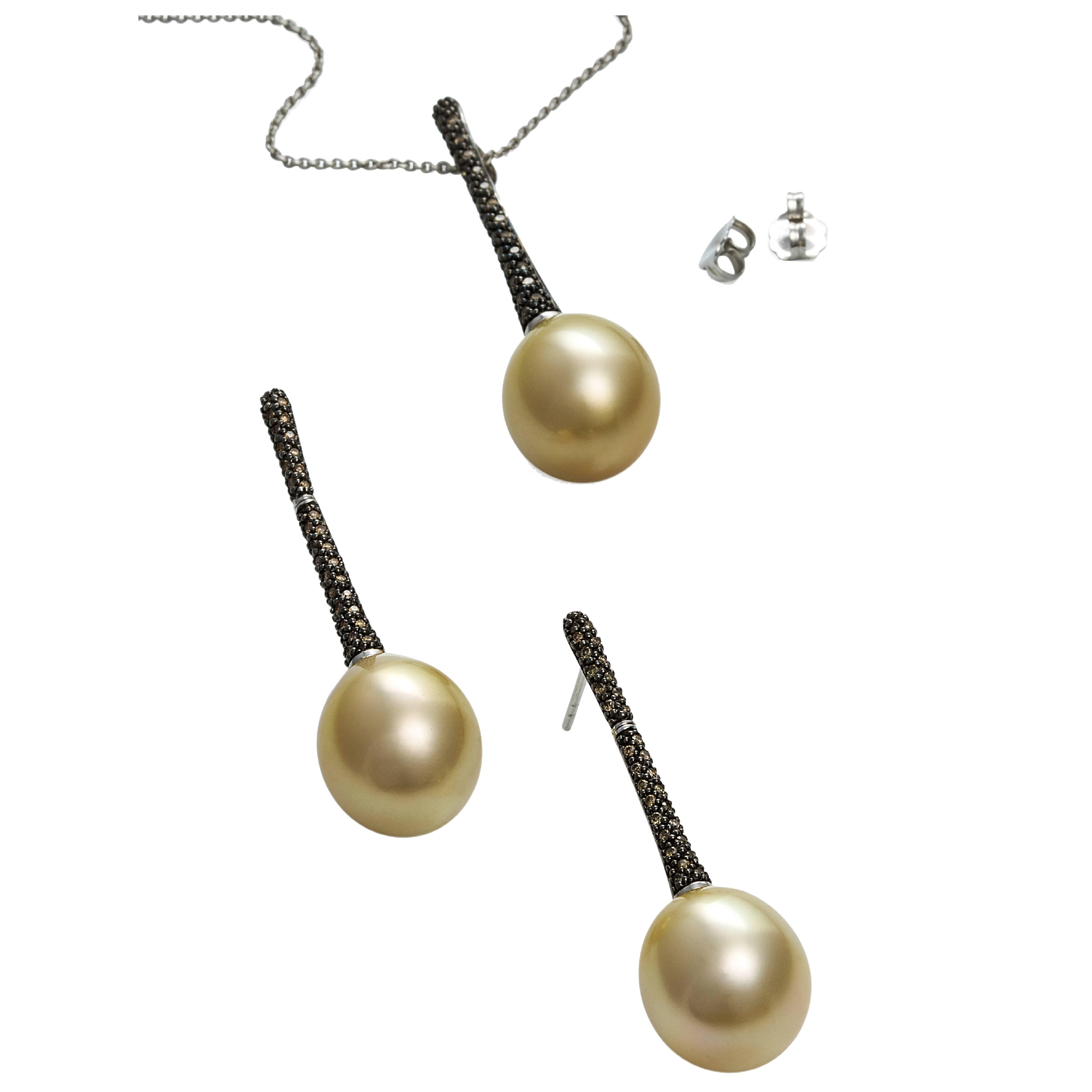 Lust Pearls 0.55 Carat Cognac Diamond Golden South Sea Pearl Pendant Earring Set For Sale