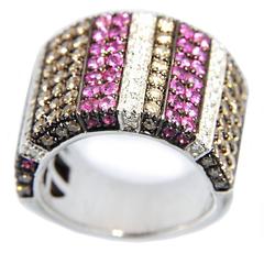 Jona Pink Sapphire White and Brown Diamond Wide Pavé Gold Ring Band 6
