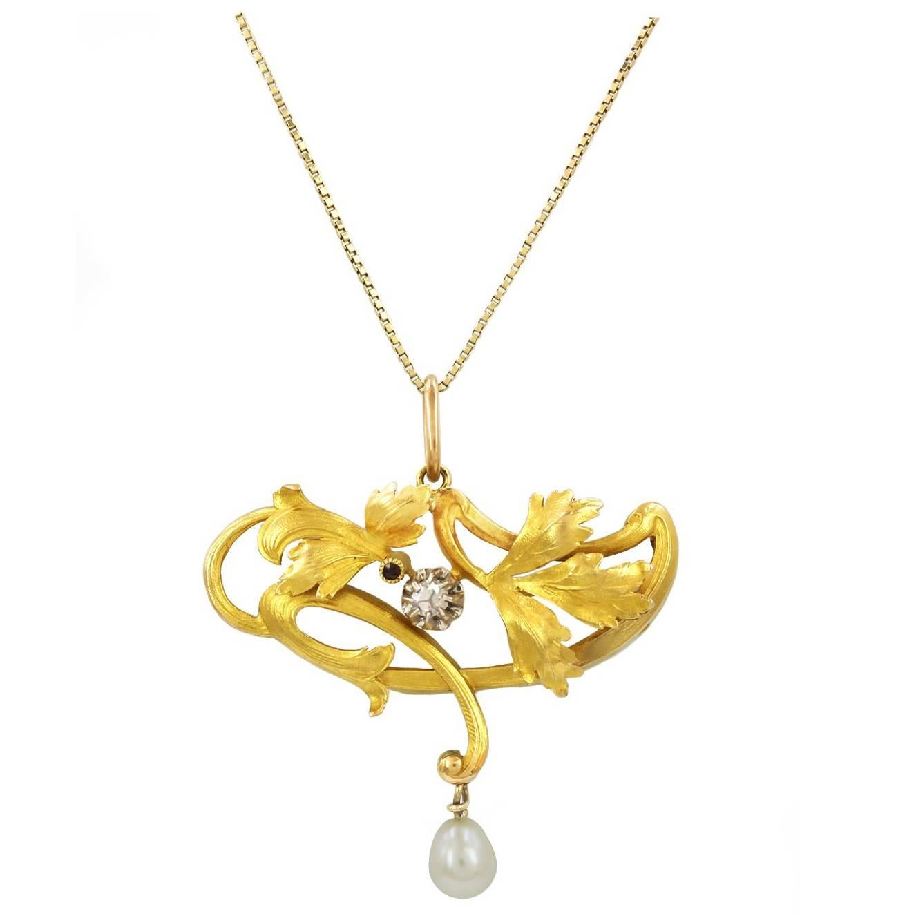 Art Nouveau Gold Diamond, Ruby and Pearl drop Pendant