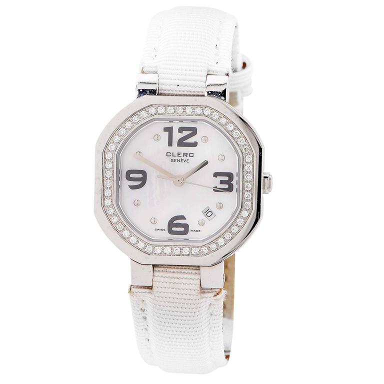 Clerc Ladies Stainless Steel Mother of Pearl Dial Diamond Bezel Wristwatch Clerc Ladies Stainless Steel Mother of Pearl Dial Diamond Bezel Wristwatch