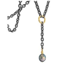 Tahitian Peacock Pearl Diamond Gold Textured Stainless Steel Lariat Necklace 6