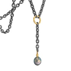 Liza Beth Tahitian Peacock Pearl Diamond Gold Textured Steel Lariat Necklace