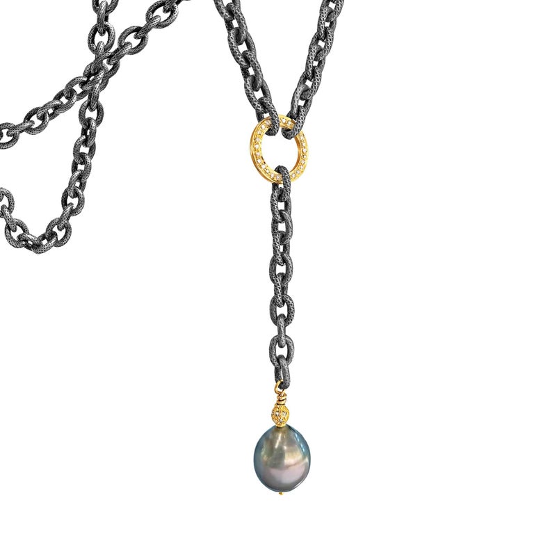 Liza Beth Tahitian Peacock Pearl Diamond Gold Textured Steel Lariat