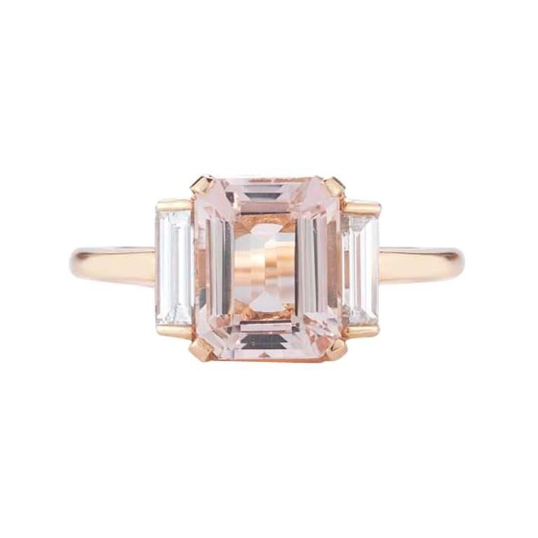 Emerald Cut Morganite Diamond Three-Stone Ring