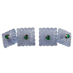 Carved Squared Chalcedony and Emeralds Gold Cufflinks 6
