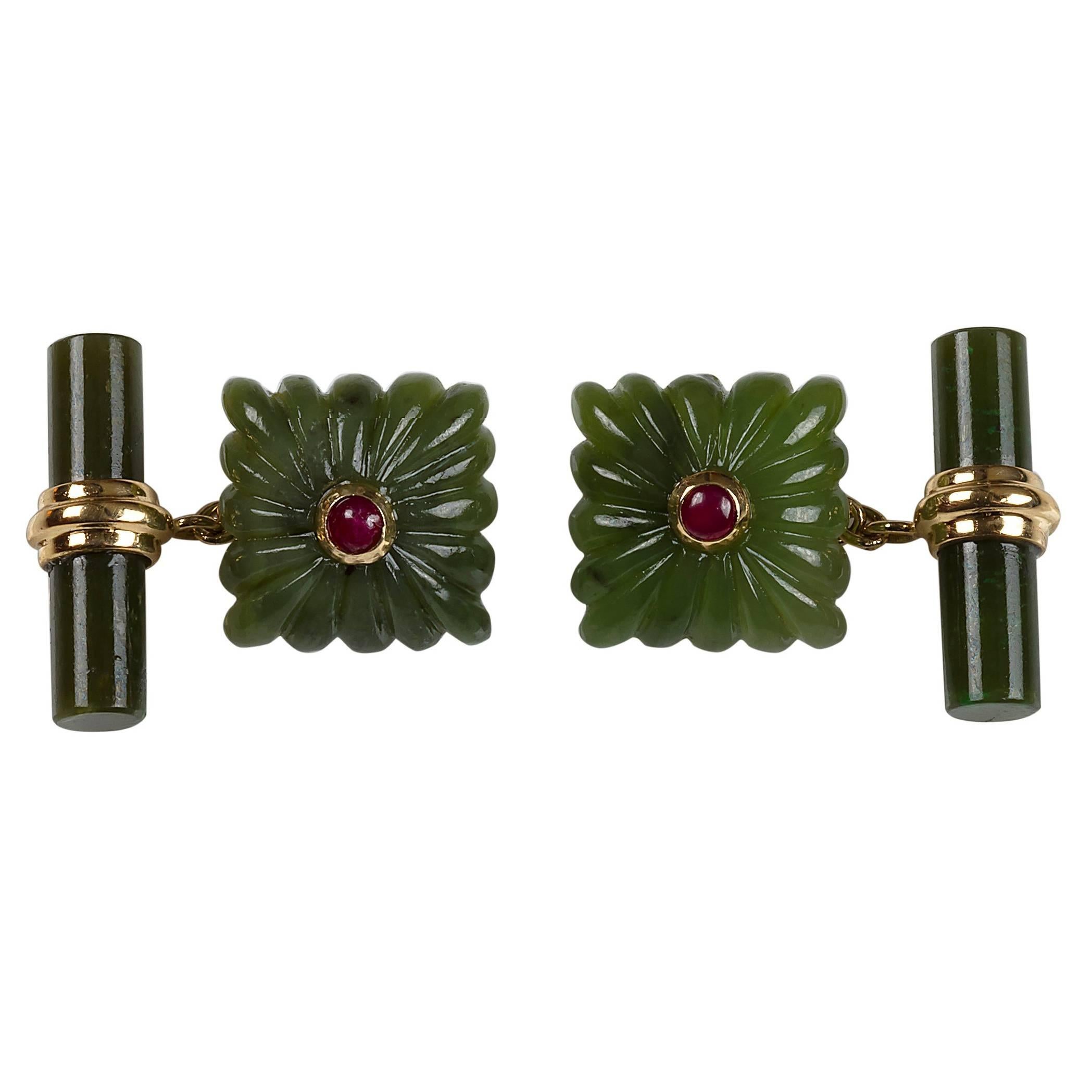 Carved Squared Jade and Ruby Gold Cufflinks
