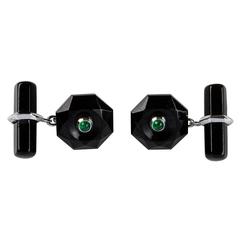 Onyx Octagonal Emeralds Gold Cufflinks 2