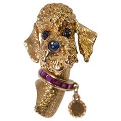 Vintage Poodle Sapphire Ruby Gold Brooch