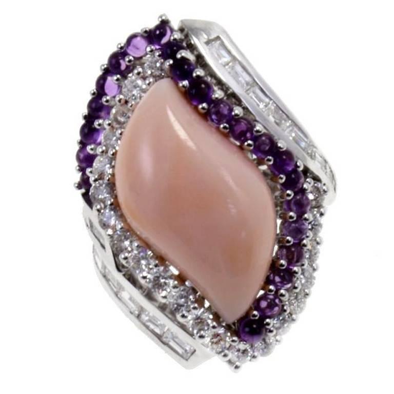 Gold Diamond Coral Amethyst Cocktail Ring