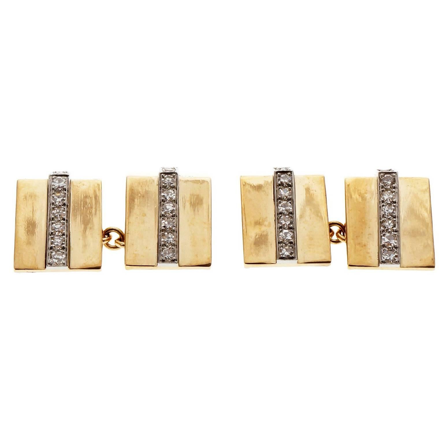 Set aus geometrischen Manschetten- und Kragenknöpfen mit Diamant in Gold 