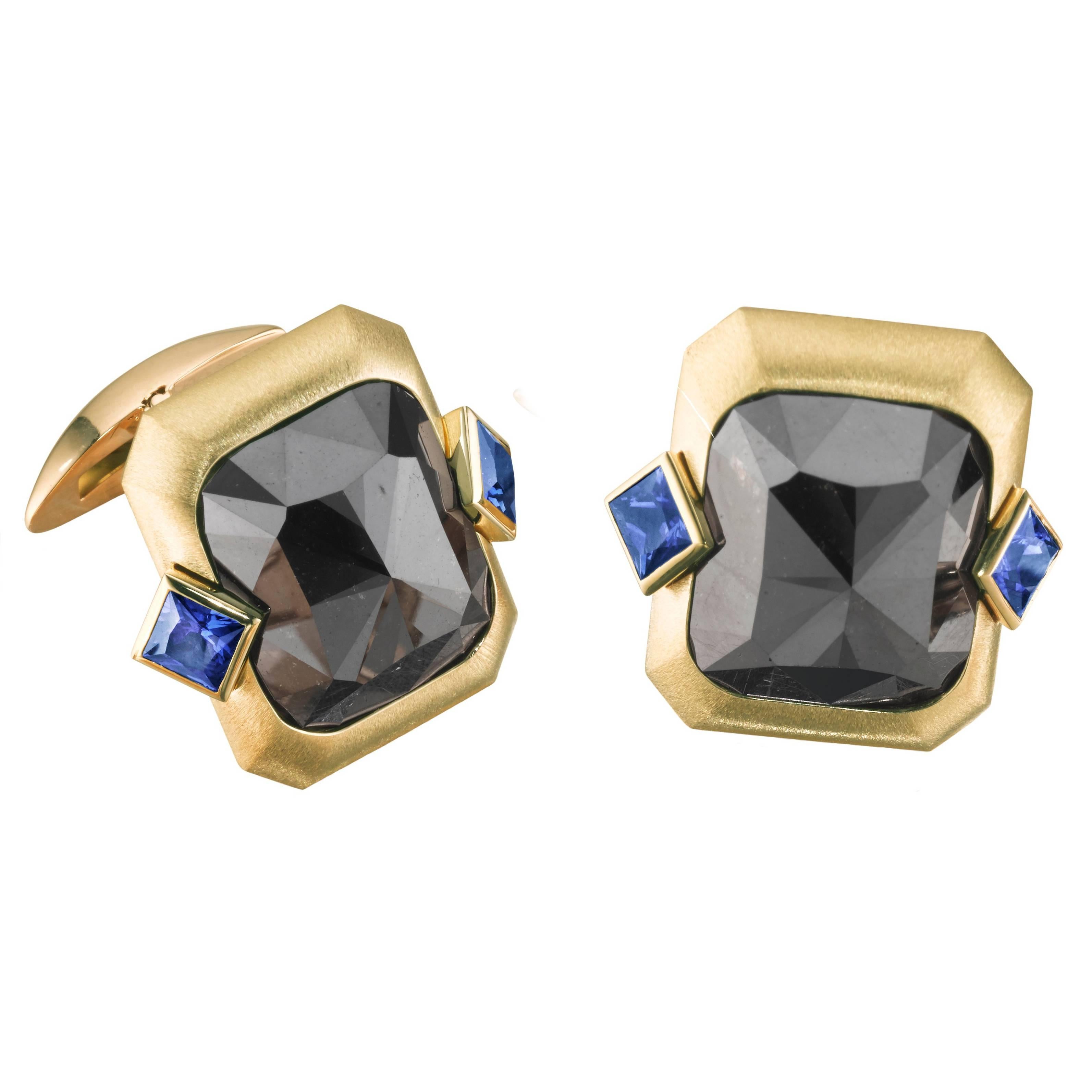 Naomi Sarna Blue Sapphire Black Diamond Yellow Gold Cufflinks For Sale