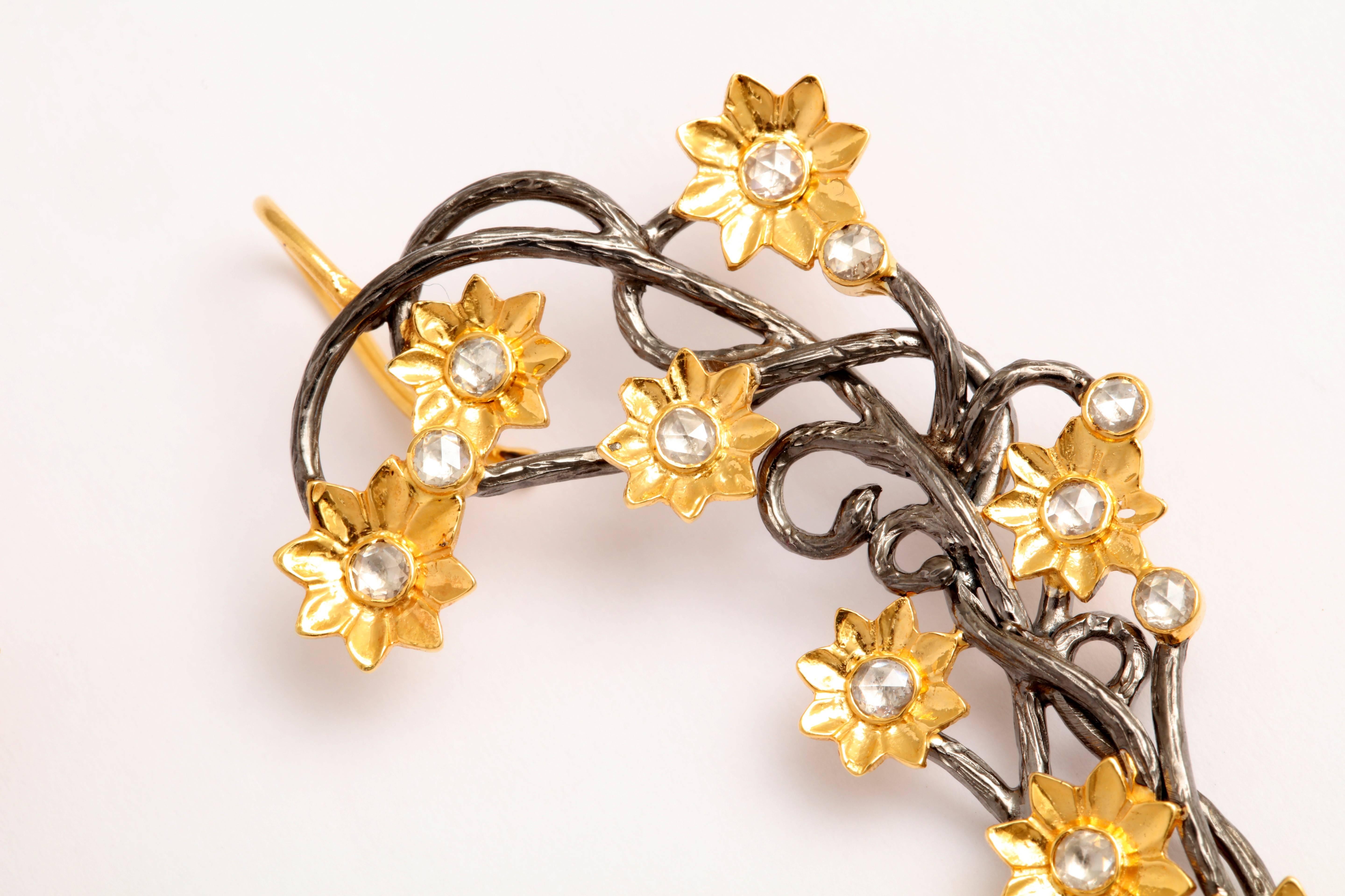 Diamond Silver Gold Flower Vine Earcuffs In New Condition For Sale In Fifth Avenue, NY