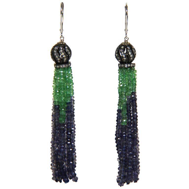 Marina J Emerald and Iolite Tussle Earrings with Diamond incrusted silver cups 
