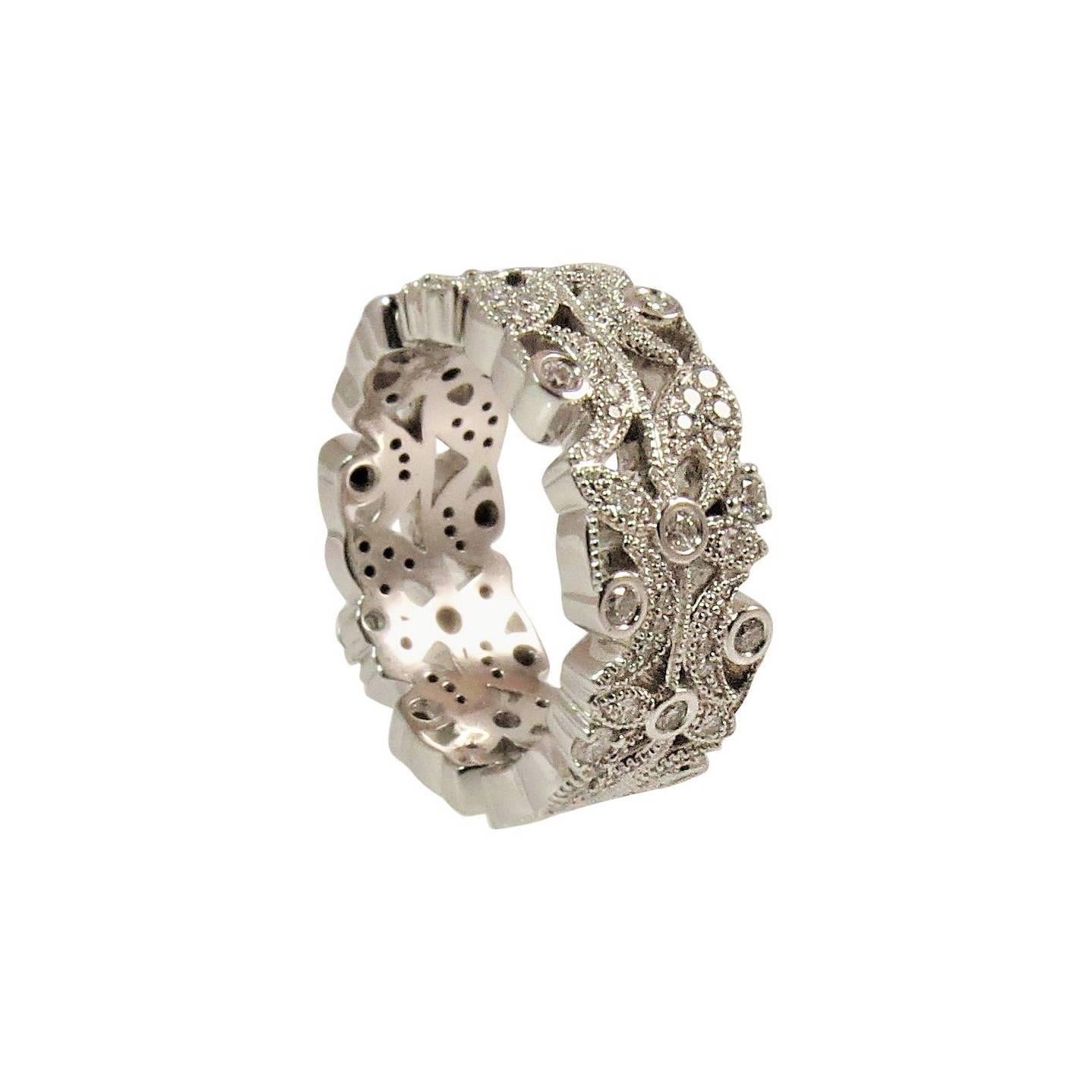 Diamond White Gold Floral Design Band Ring For Sale