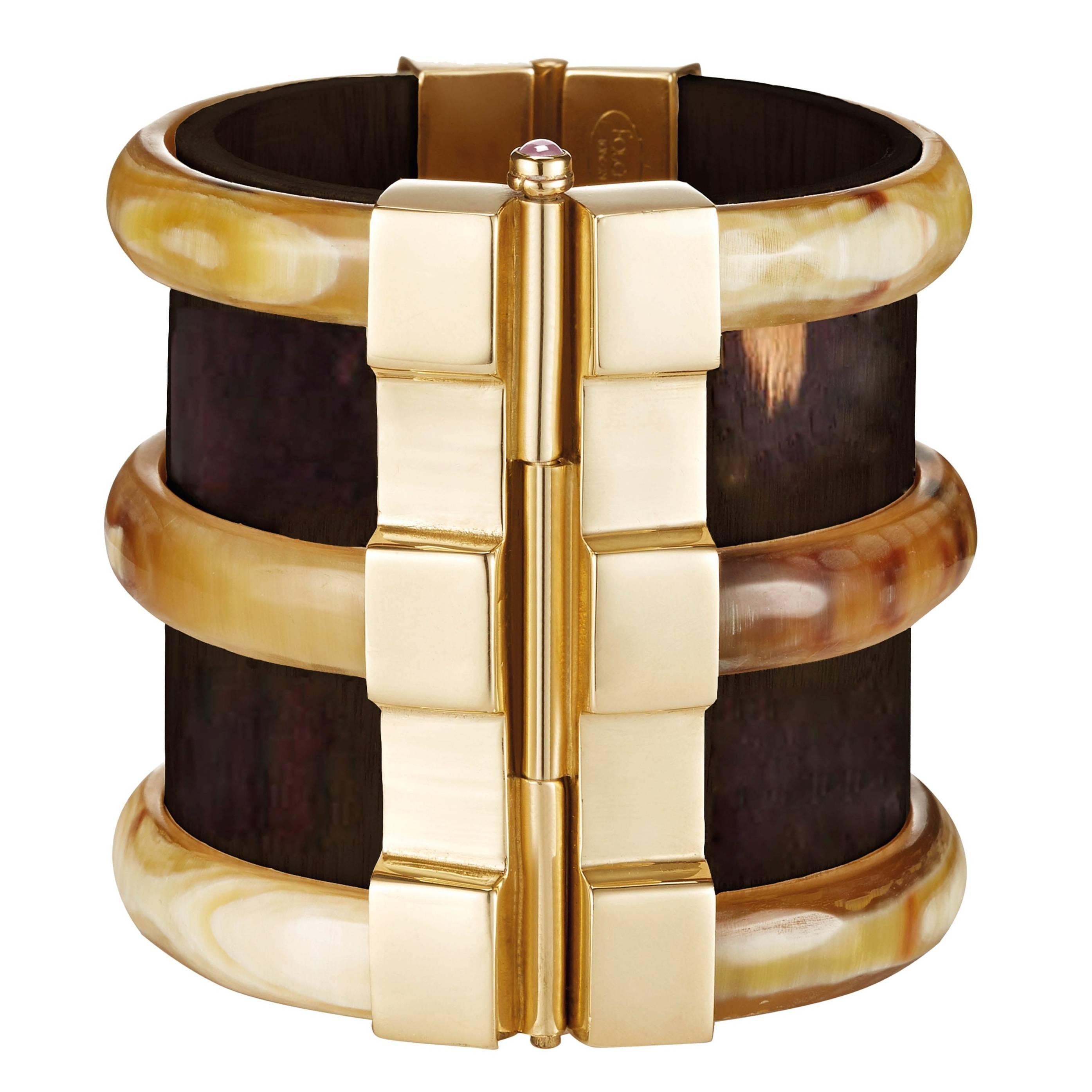 Fouche Bespoke Diana Vreeland Horn Emerald Wood Cuff Bracelet