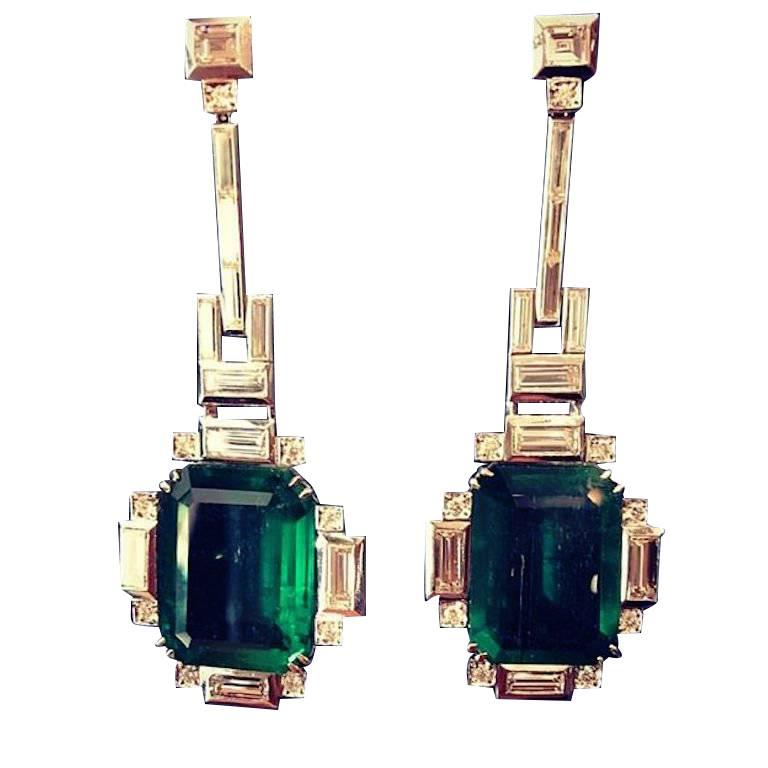 26.35 Carat Emeralds Diamond White Gold Pendant Earrings