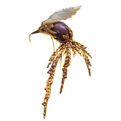 Sterle 1950s Mother-of-Pearl Star Ruby Diamond Gold Hummingbird Brooch 11