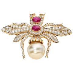 Pearl Ruby Diamond Gold Queen Bee Brooch 6