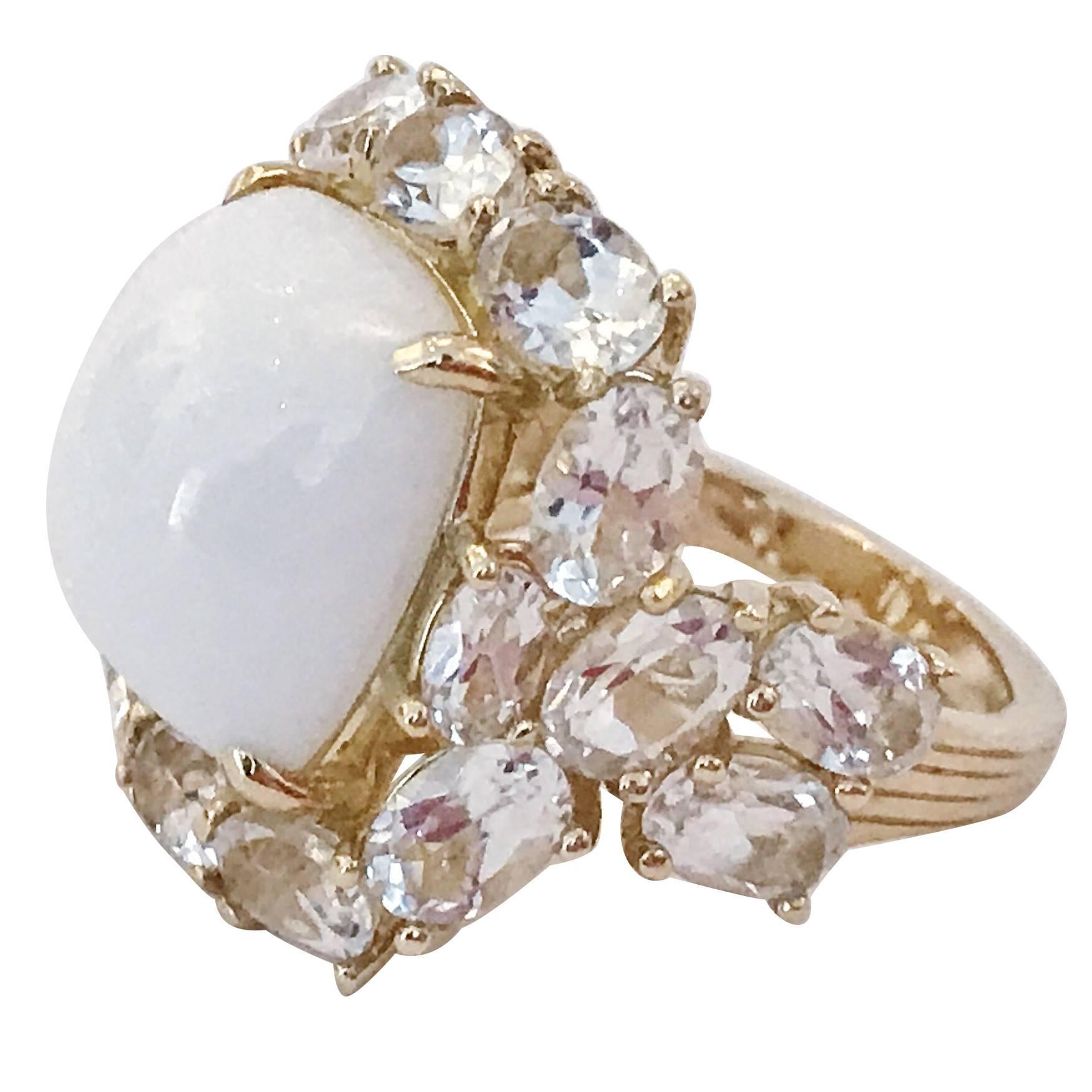 White Jade and White Topaz Yellow Gold Classic Cocktail Ring For Sale