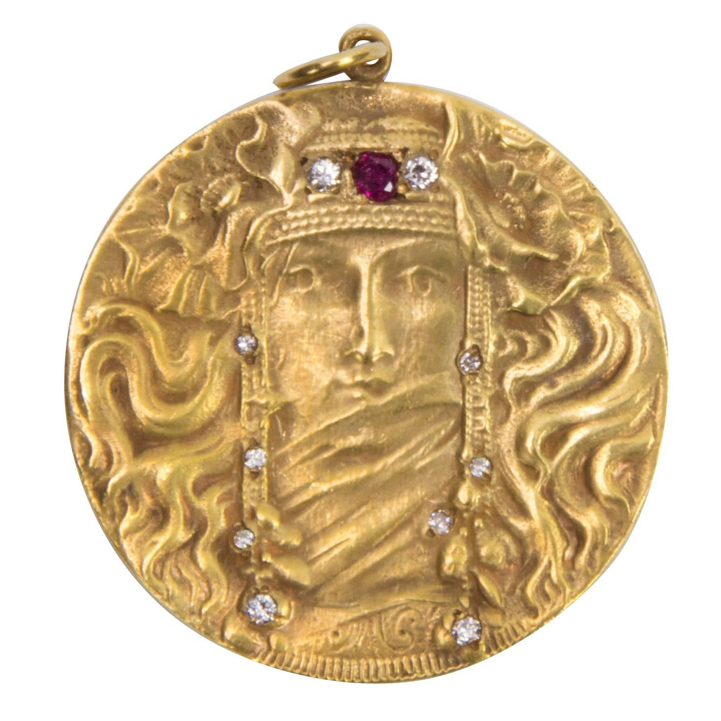 Beautiful Antique Art Nouveau Maiden Diamond Ruby Gold Pendant