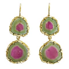 Dalben Watermelon Tourmaline Engraved Gold Dangle Earrings