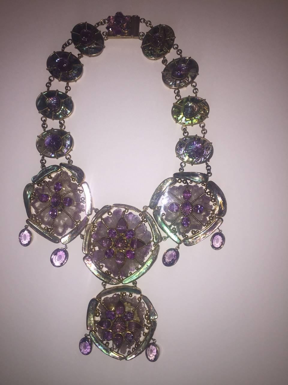 Tony Duquette impressive very large amethyst abalone unique necklace of extraordinary size. A special order one-of-a-kind necklace by the famed Duchess of Windsor favorite designer. The necklace is 28 inches long, each large amethyst motif at the