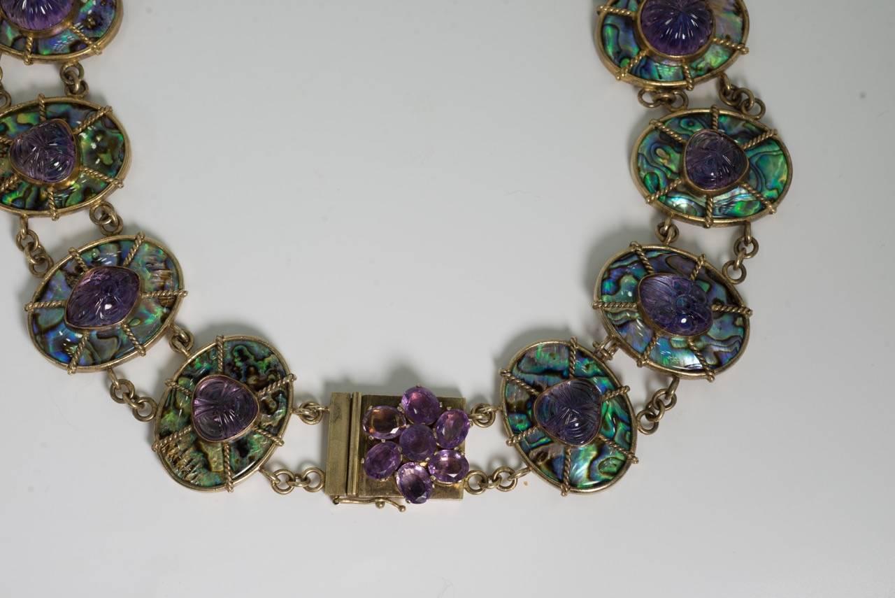 Anglo-Indian Tony Duquette Impressive Very Large Amethyst Abalone Unique Necklace