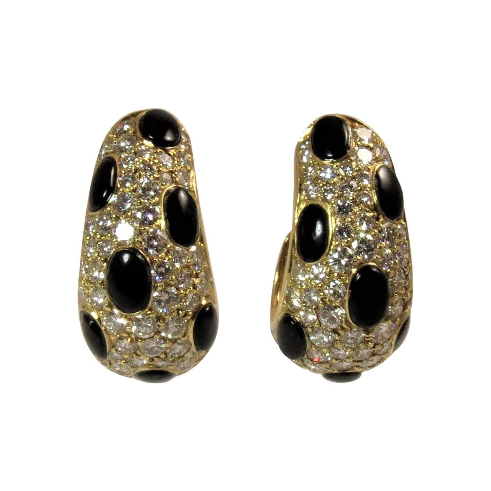 Black Onyx Diamond Yellow Gold Ear Clips For Sale