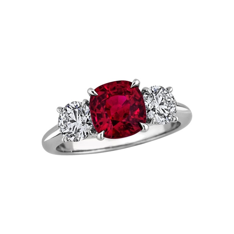 Burmese Ruby Diamond Platinum Three-Stone Engagement Ring at 1stDibs