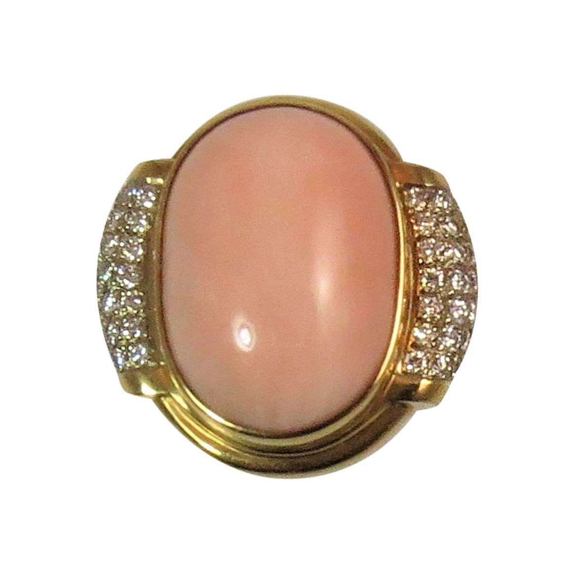Susan Berman Yellow Gold Cabochon Angel Skin Coral Diamond Ring For Sale