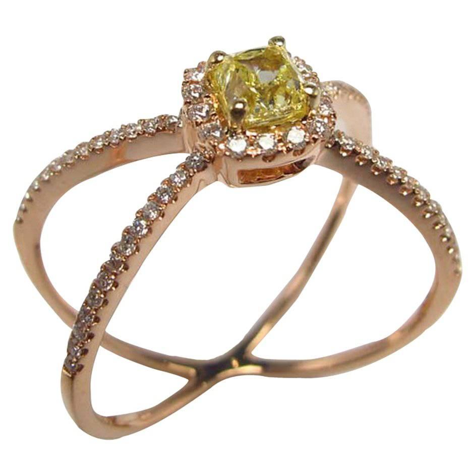 Fancy Yellow Diamond with Diamond Micro Pave Crisscross Rose Gold Ring For Sale