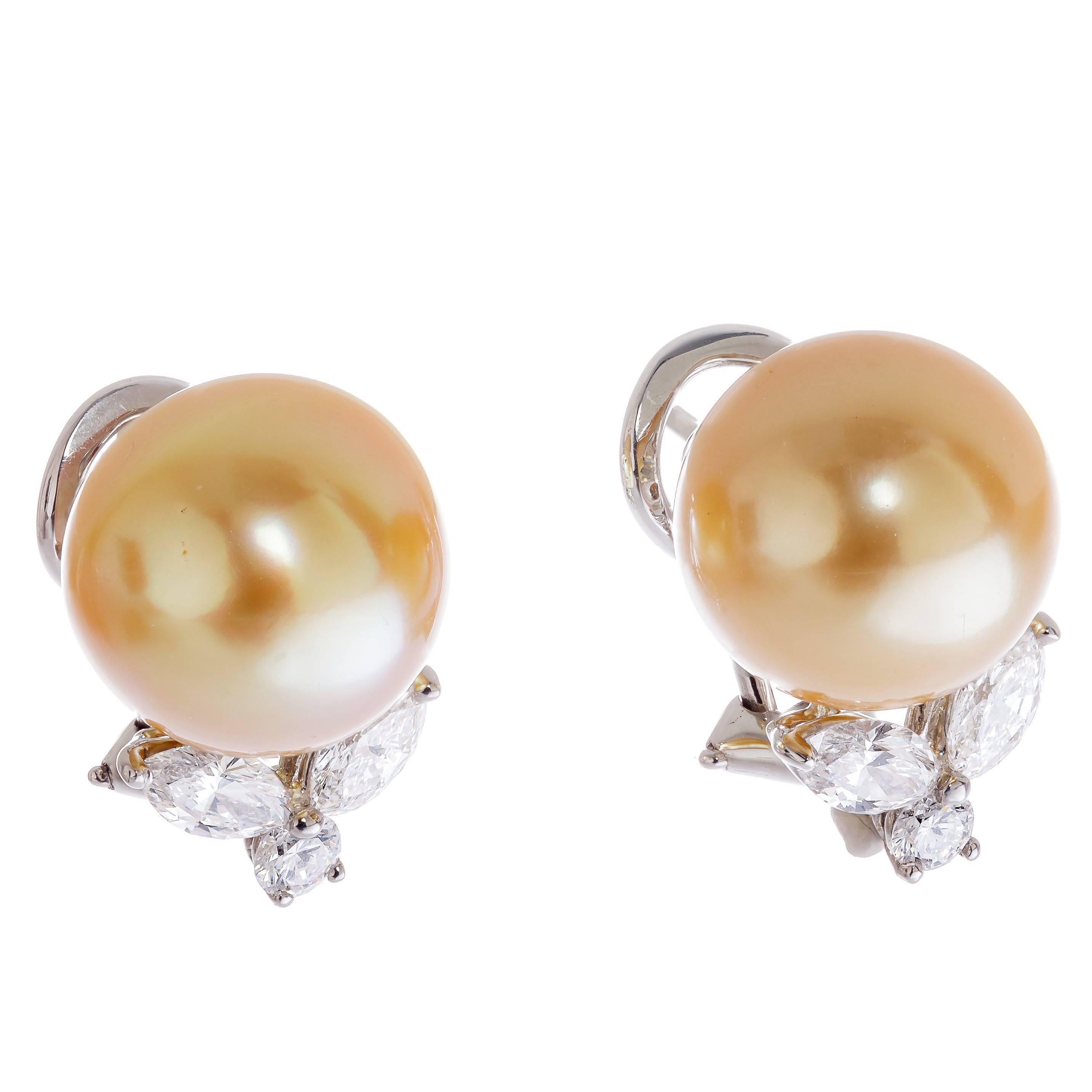 Tiffany & Co. Platinum Cultured Golden South Sea Pearl and Diamond Emma Earrings