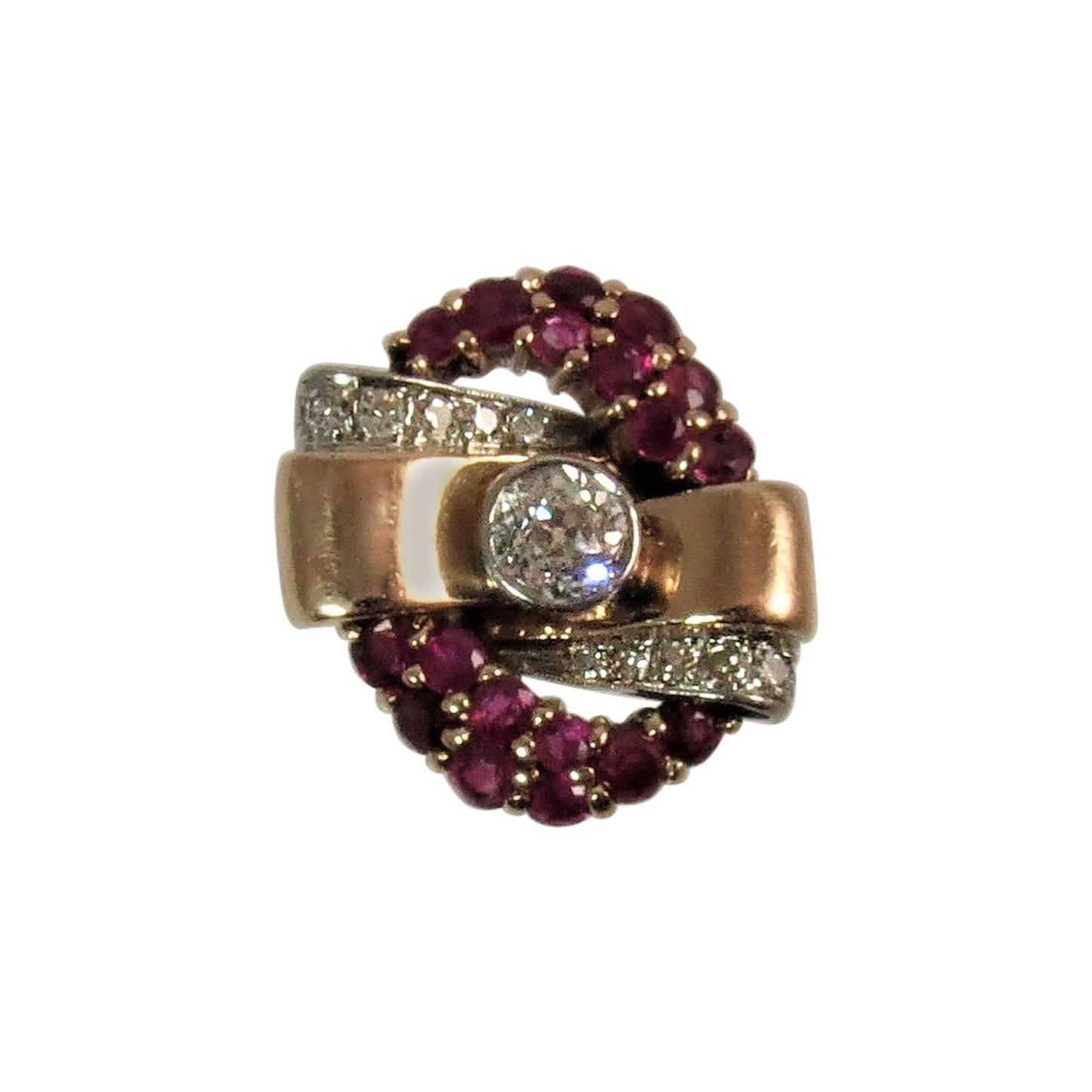 1940s Rose Gold Diamond Ruby Ring