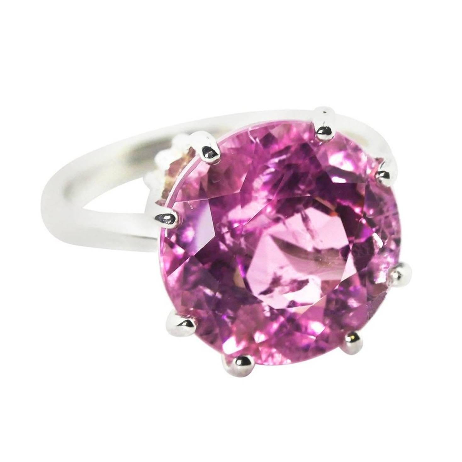 AJD Magnificent Solitaire 14 Cts Round Pink Kunzite Sterling Silver Ring