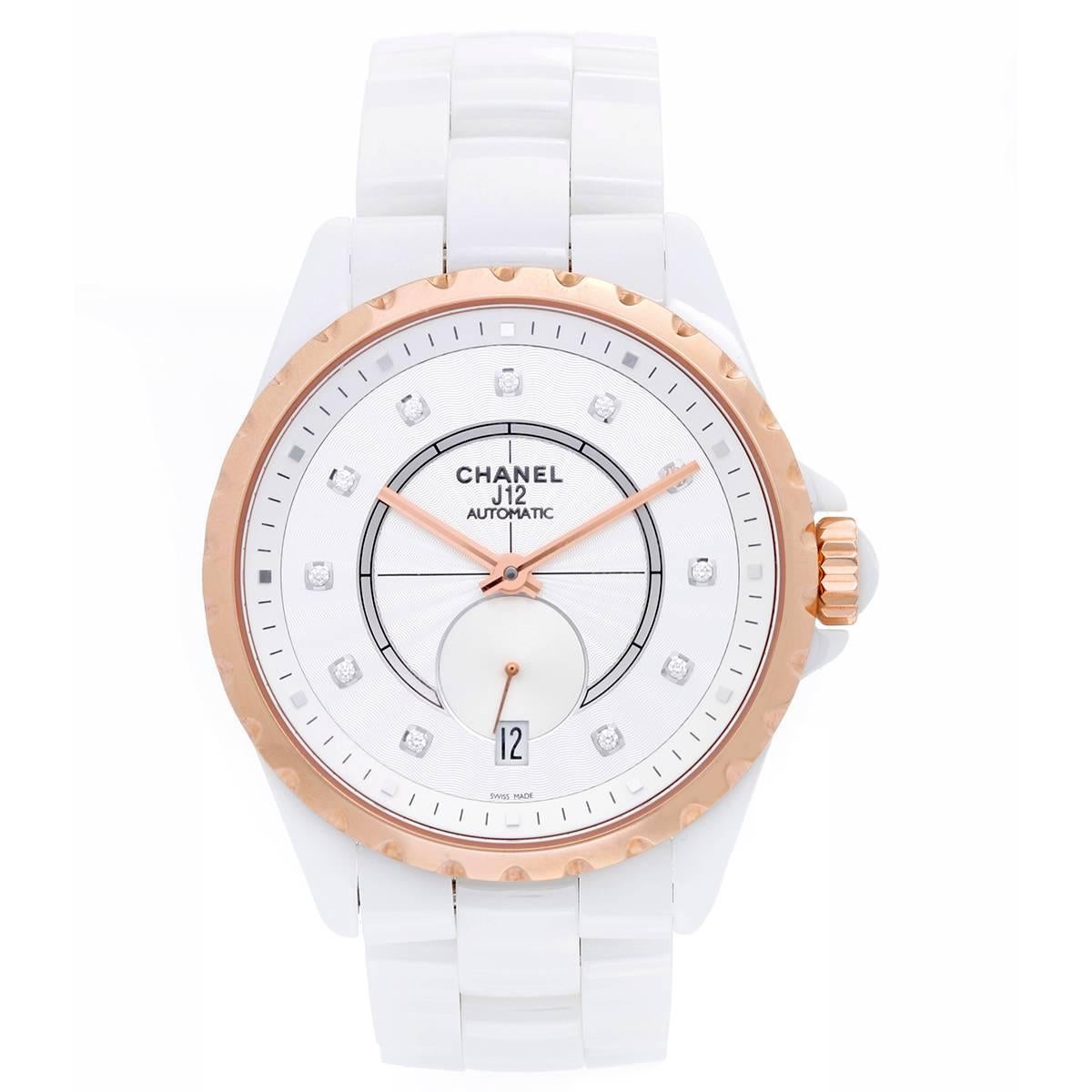 Chanel Ladies Rose gold Bezel White Ceramic J12 Automatic Wristwatch Ref H4359