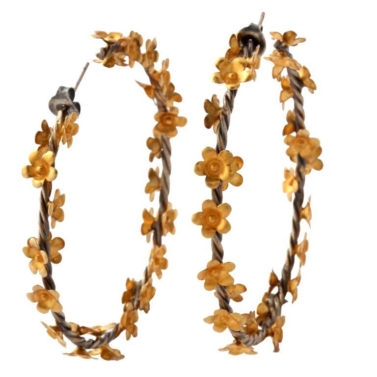 Gold Silver Floral Vine Hoop Earrings For Sale