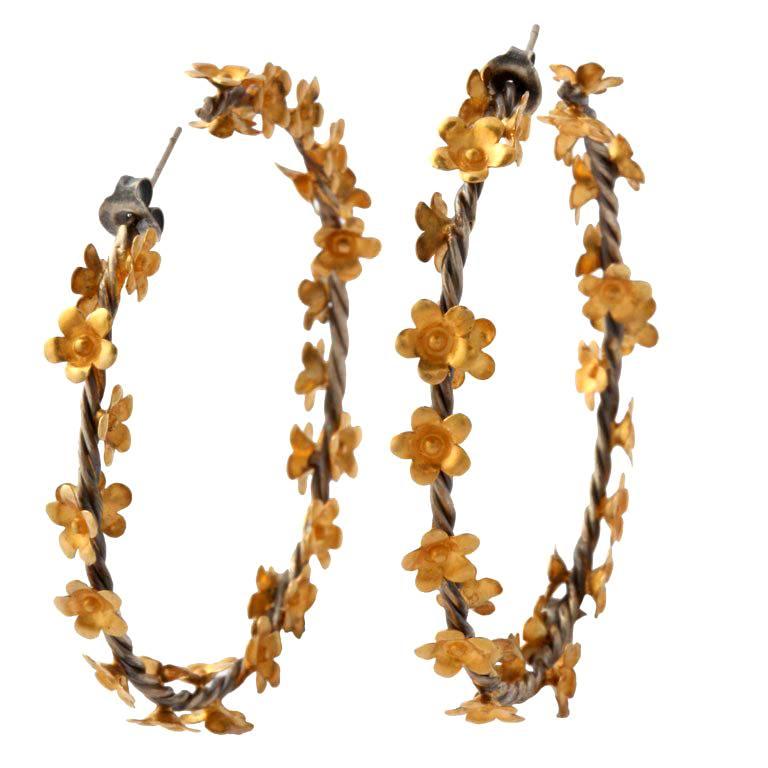 Gold Silver Floral Vine Hoop Earrings For Sale at 1stdibs
