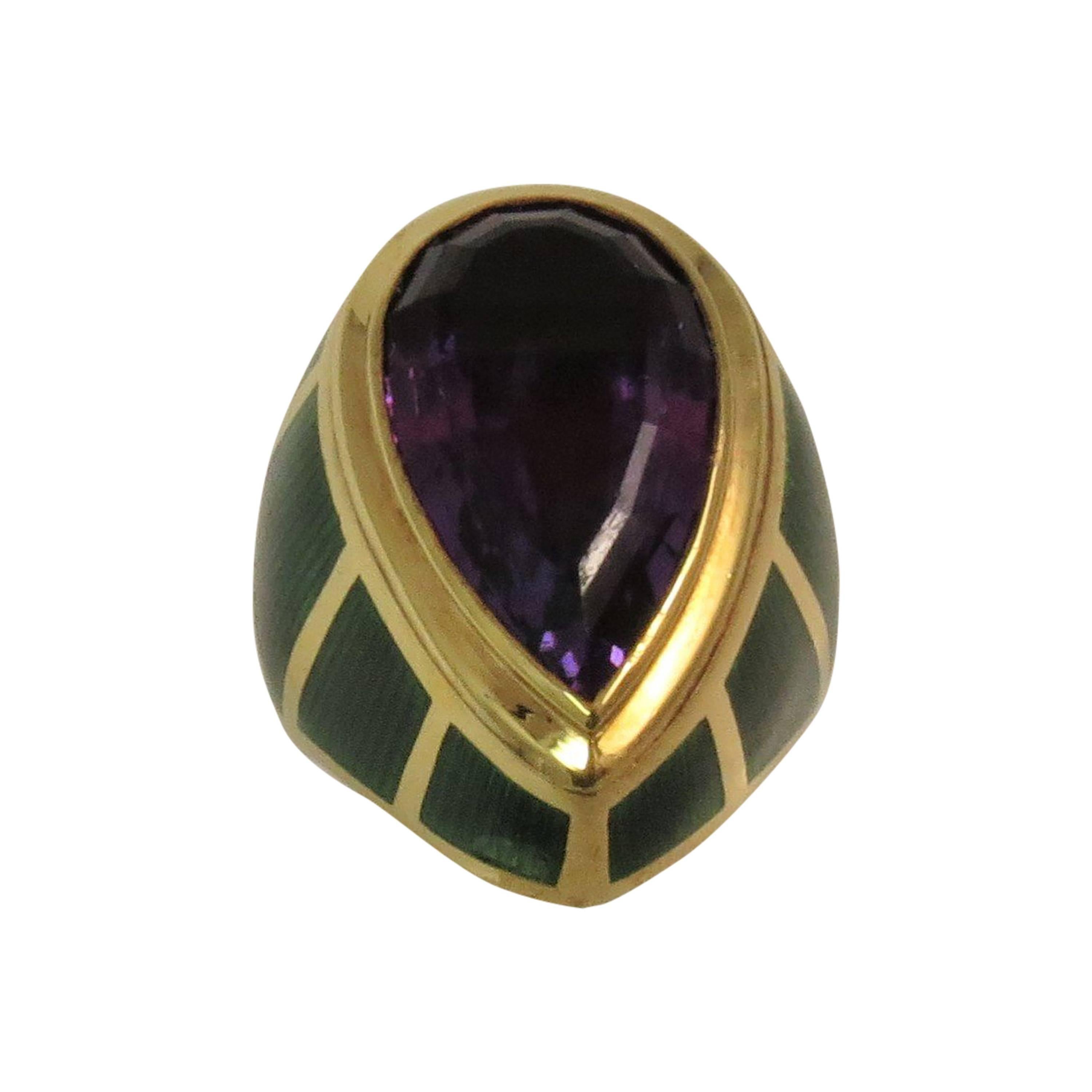 Green Enamel Faceted Amethyst Ring For Sale