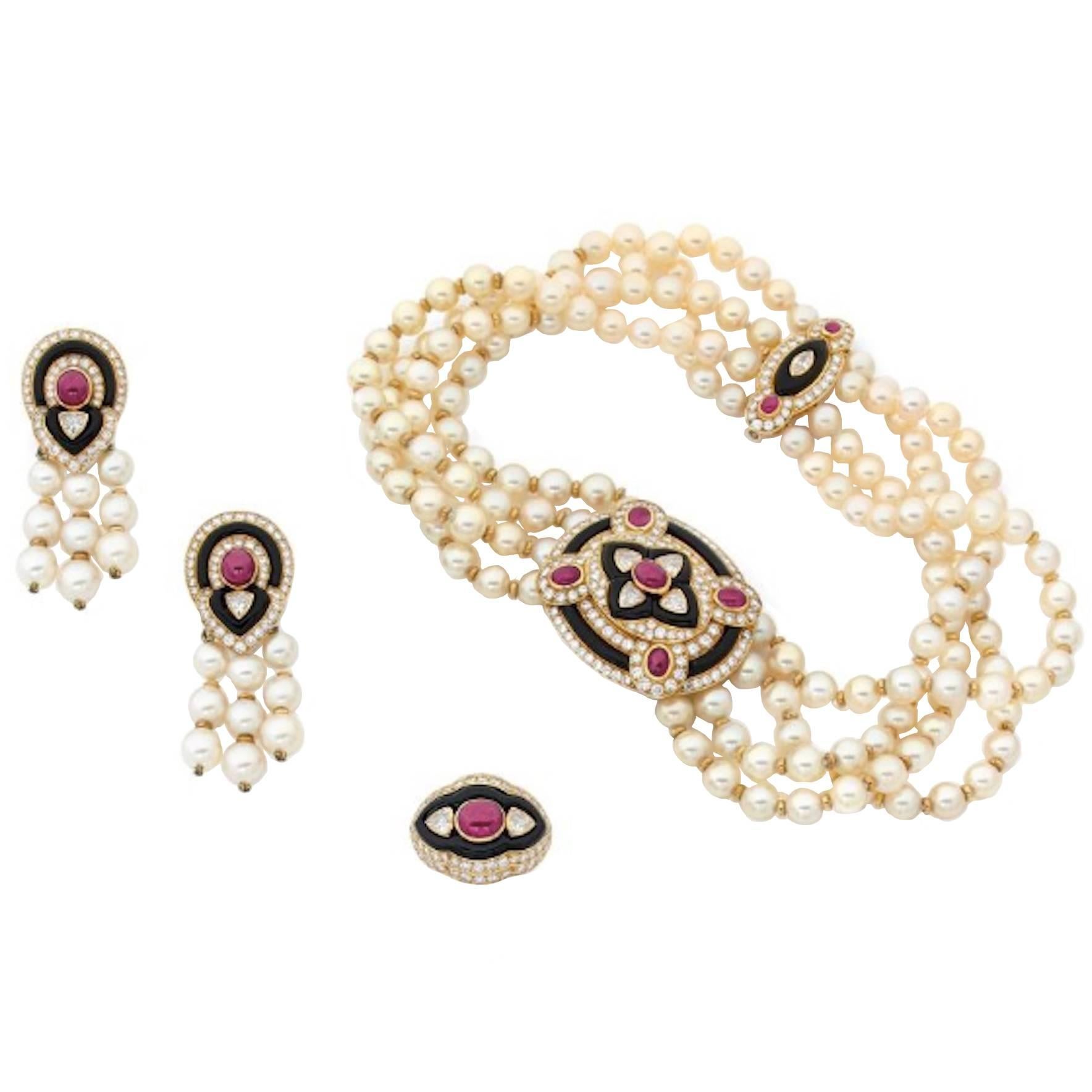 1980s Boucheron Diamond Ruby Onyx Pearl Set Earrings Ring Necklace