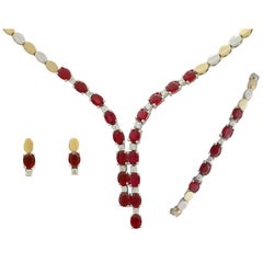 1990s 12.48 Carat Ruby and Diamond Yellow and White Gold Jewelry Suite