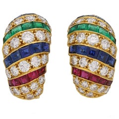 Cartier vintage ruby, sapphire, emerald and diamond earrings, circa 1978.