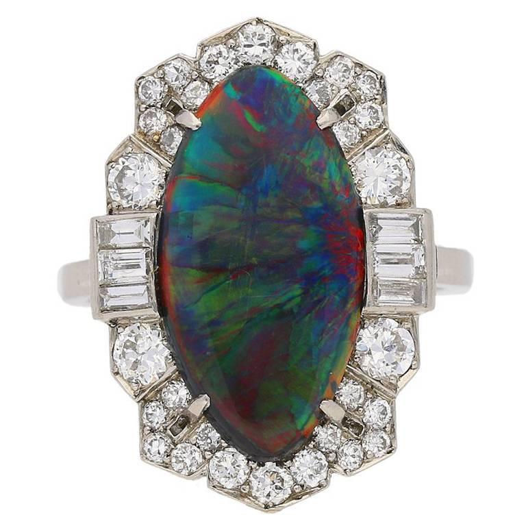 Superb Art Deco Black Opal Diamond Ring, circa 1935 For Sale