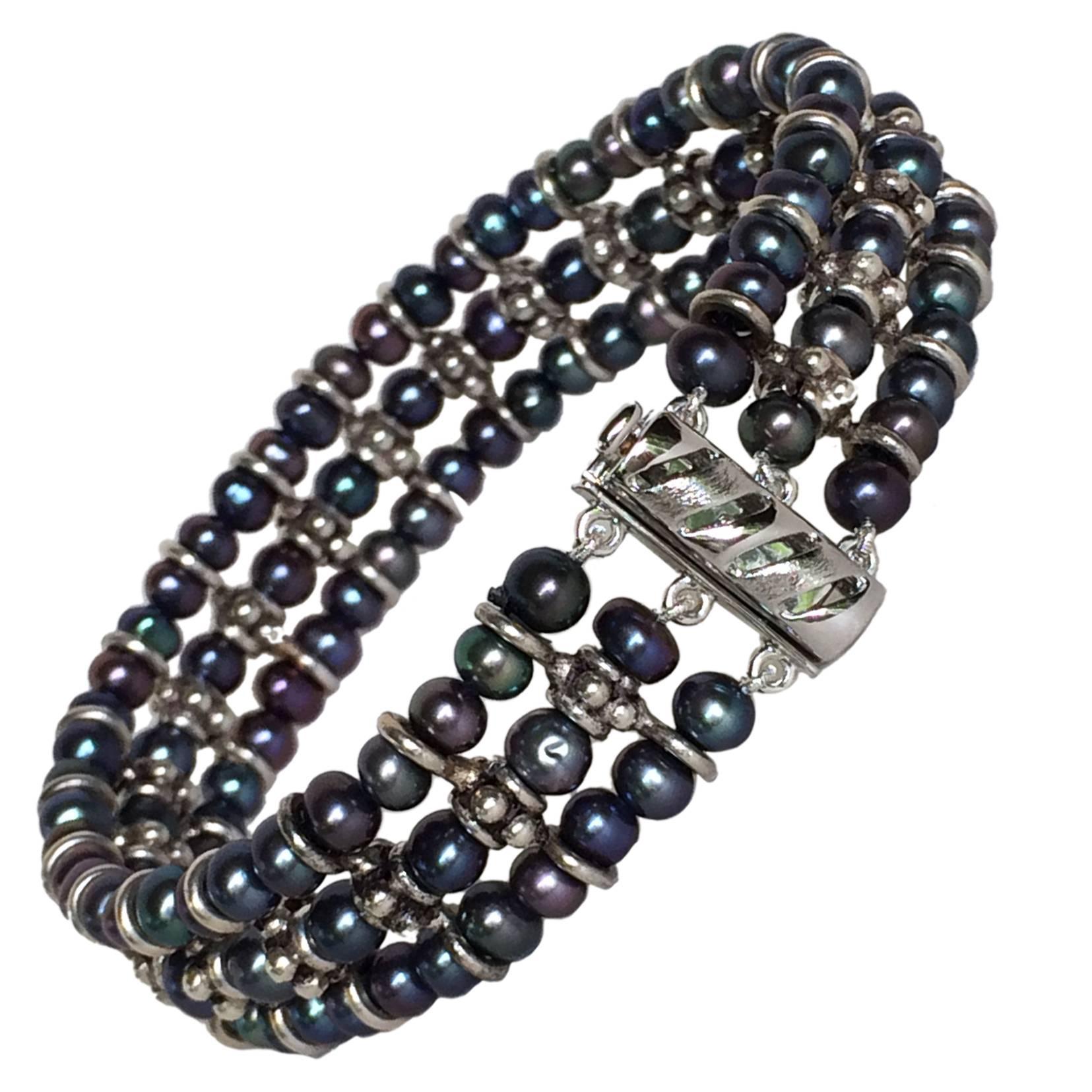 Marina J. Black Pearl and Silver Bracelet with Sterling Silver Sliding Clasp