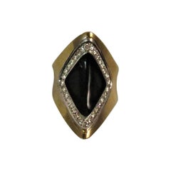 Retro 18 Karat Yellow Gold Diamond and Black Onyx Ring